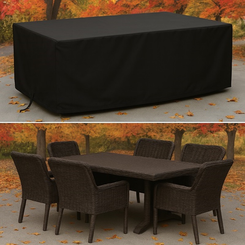 Table et chaises de jardin avec housse de protection sur mesure